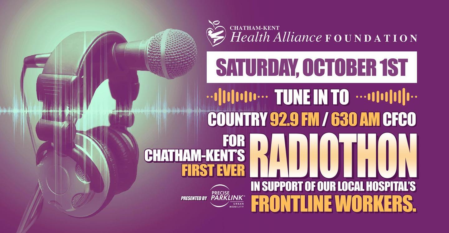 Billboard for the first ever Frontline Faces Radiothon, presented by Precise ParkLink in support of Chatham-Kent Health Alliance frontline staff