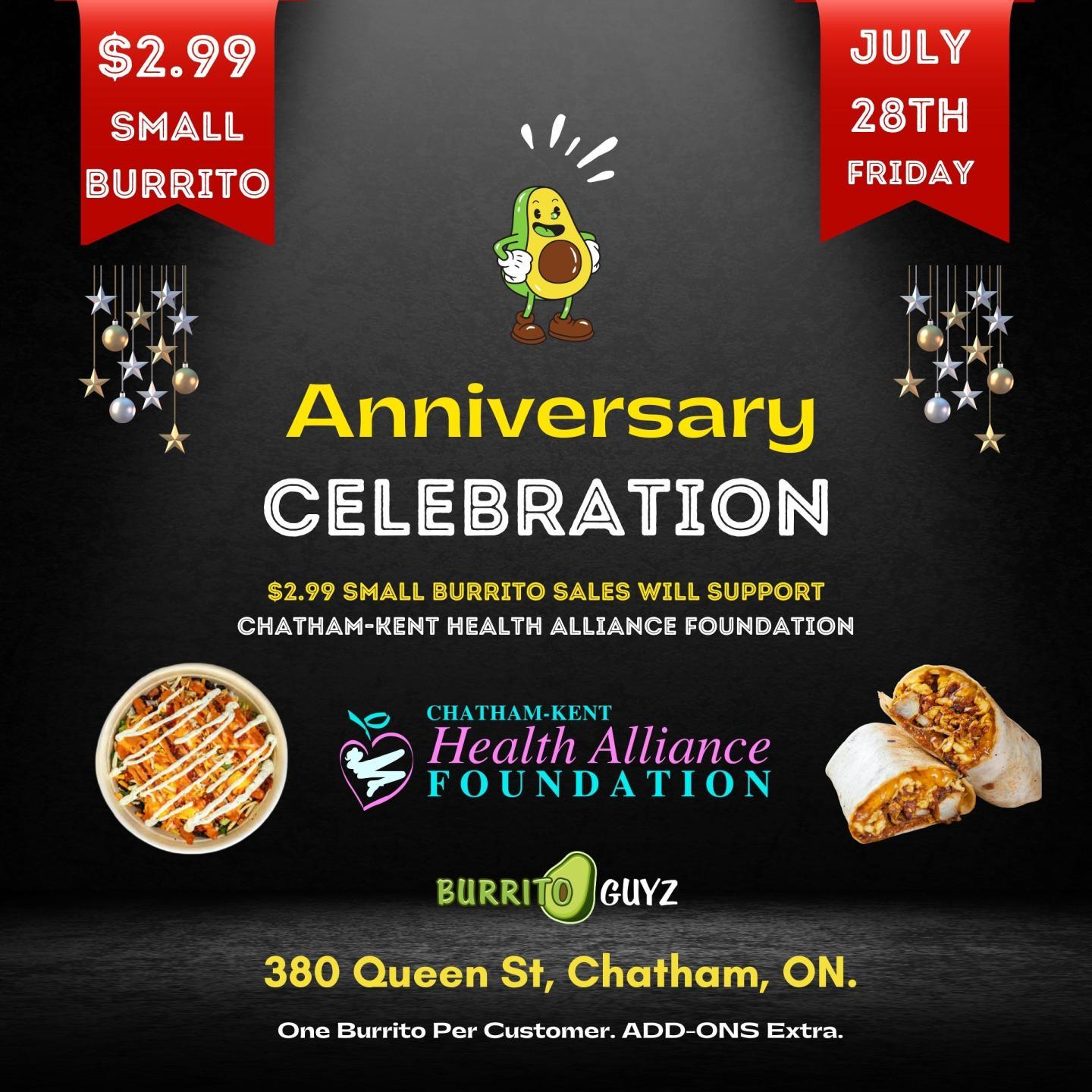 Burrito Guyz Chatham 1st Anniversary Celebration fundraiser in support of the CKHA Foundation and the Highest Priority Needs at Chatham-Kent Health Alliance