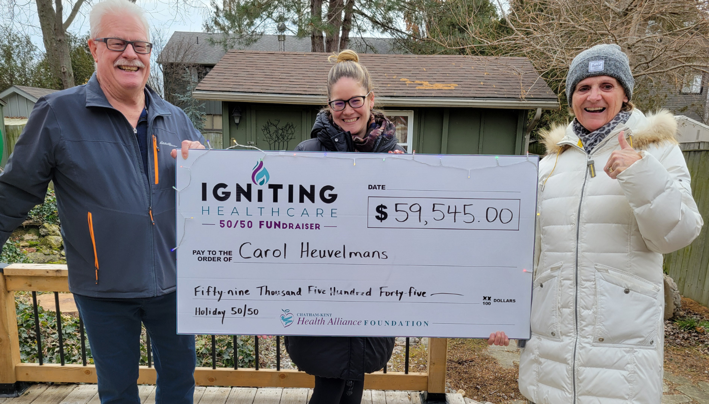 CKHA Foundation’s first ever Igniting Healthcare Holiday 50/50’s $59,545 jackpot awarded to Carol Heuvelmans from Erieau.